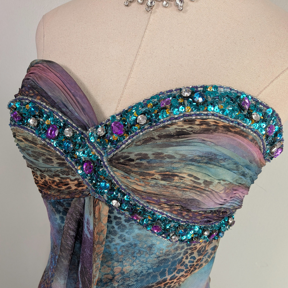 Y2K Sherri Hill Prom Dress Knee Gown 6 Purple Multi Leopard Hoco Fairy Babydoll - Picture 4 of 15